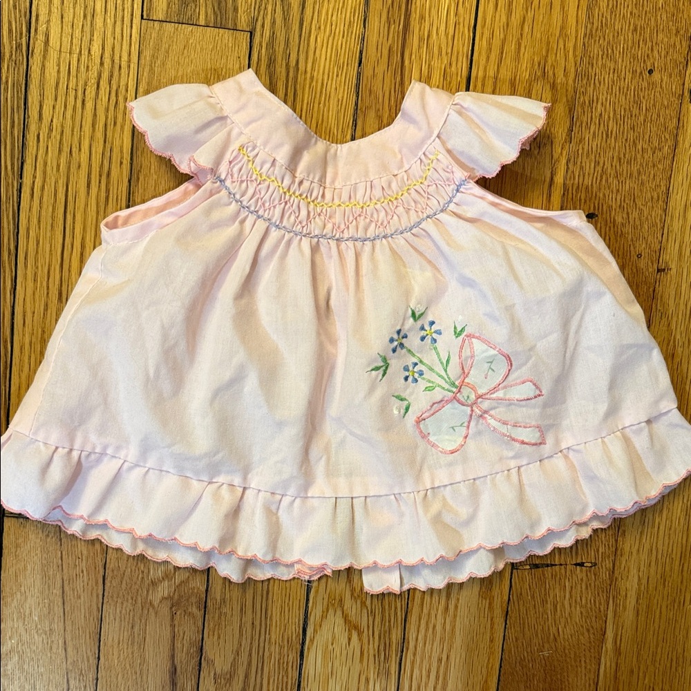 Pink Baby Girl Ruffle Dress with Bow & Floral Embroidery